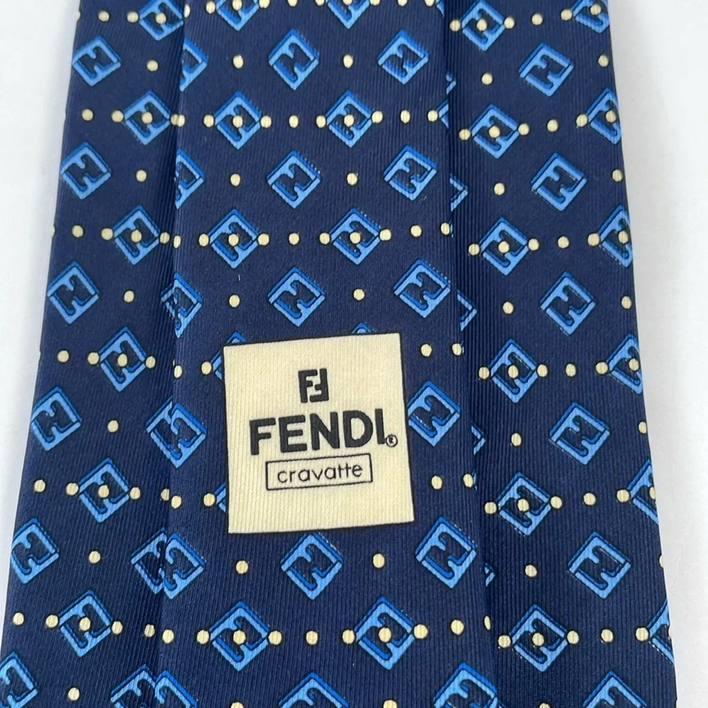 Fendi Cravatte Silk Tie Navy Blue with Light Blue Fendi Logo Yellow Dots